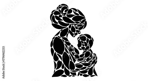 Stylized black silhouette of mother and child with leaf pattern