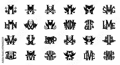 Elegant wedding monogram collection hearts roses doves letters