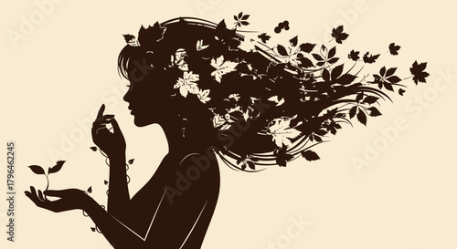 Female silhouette with leaf hair and hands nurturing a small sprout.