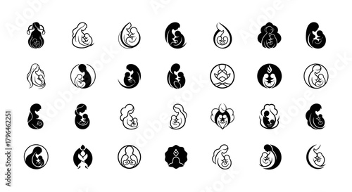 Mother and baby care silhouette icon collection, maternal love