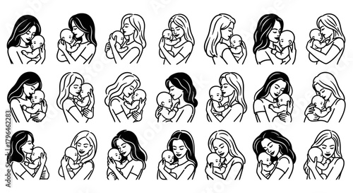 Mother and baby simple line art illustration collection on white background.