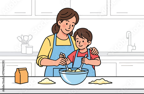 Mother and child happily baking together in a bright kitchen