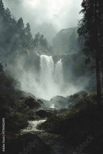 Misty waterfall view generative AI