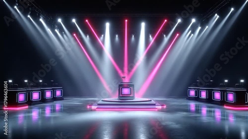 Lit stage setup for a game show, featuring podium, player stations, with dramatic lighting and a dark background