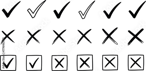 Vector Illustration of Hand-Drawn Check Marks and Crosses Set. Grunge Tick & X Icons for Lists, Success, Error.