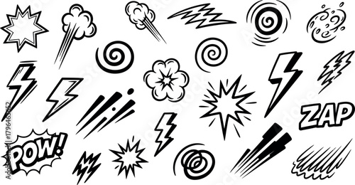 Vector Illustration of Energetic Hand-Drawn Doodle Elements Set for Comic Design, Attention Grabbers & Graphic Art