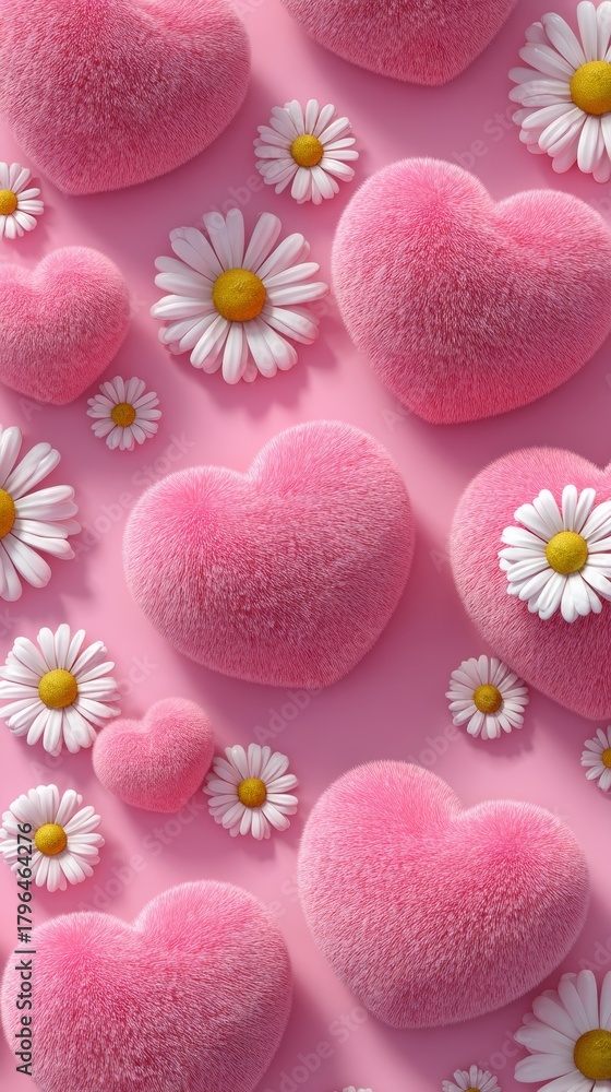 Obraz premium 3D fluffy pink heart and daisy flower pattern on vertical pink background for valentine's day cute fashion wallpaper and greeting card