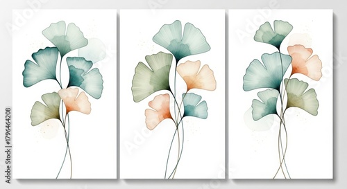 Watercolor ginkgo leaves in soft pastel hues, a serene botanical triptych