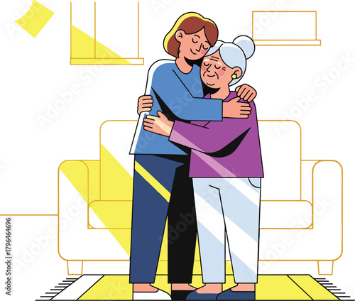 Warm embrace between a younger woman and an elderly woman, symbolizing love and connection
