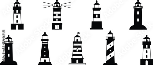 Lighthouse silhouette collection, maritime navigation icons, coastal tower designs, black vector illustrations, architectural styles, isolated graphic asset, nautical structure symbols