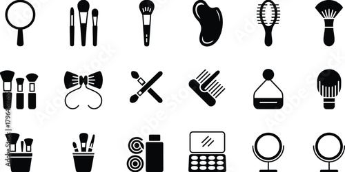 Makeup tool icons, beauty accessory set, grooming vector illustration, black white contrast, cosmetic brushes, mirror, sponge, palette, comb