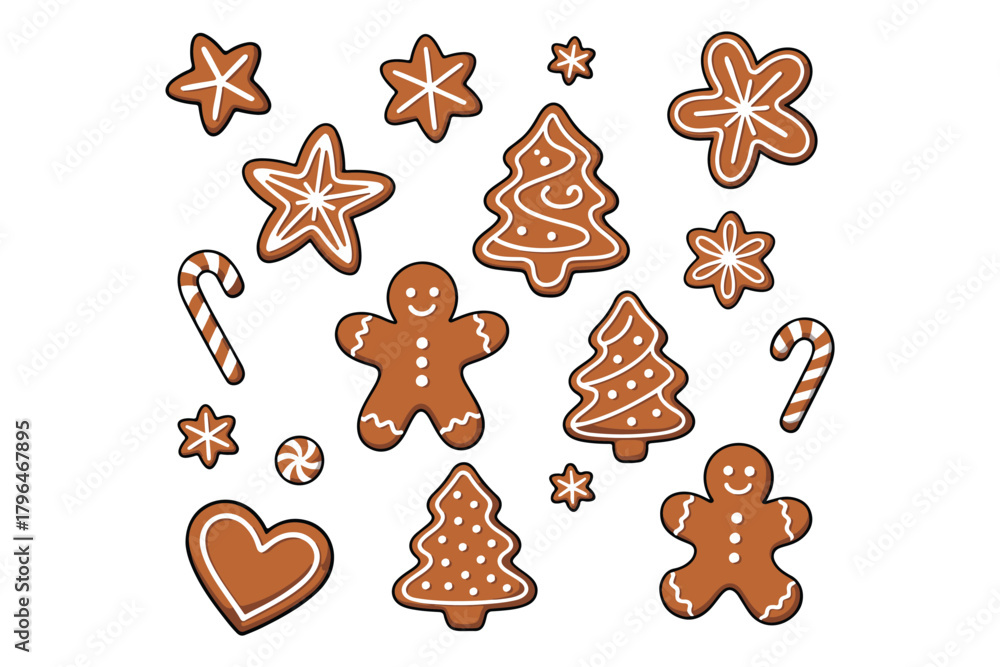 Fototapeta premium Christmas Gingerbread Elements Vector, Cute Christmas Clipart Pack | Kawaii Santa, Gingerbread, Ornaments, Bells, Holly Leaves, Snow Globe | Holiday PNG Graphics for Stickers & Prints