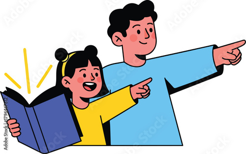 A father and daughter share a moment of discovery and learning from a book