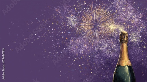 Wallpaper Poster Banner of Festive Celebration Fireworks and Champagne Bottle Illustration, Sparkle Bubble Joy for Happy Party Drink with Bright Light for Modern Creative Graphic Decor Projects