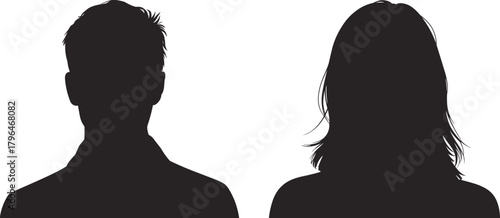 Male and female silhouettes, head and shoulder icons, hairstyle comparison, black vector design, identity concept, isolated graphic asset, profile illustration