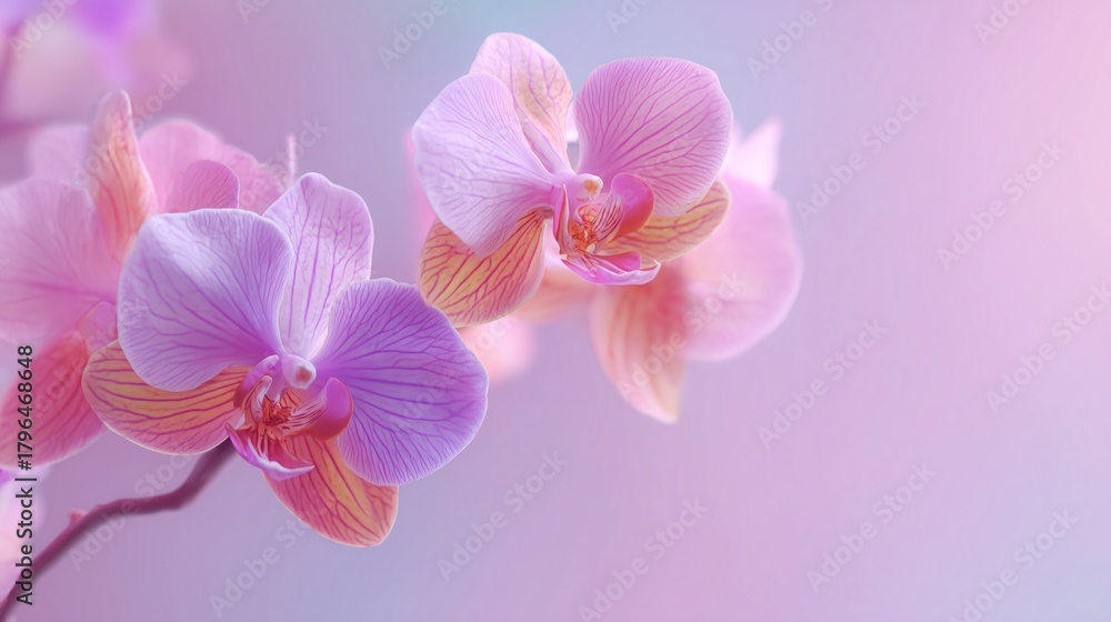Obraz premium Elegant Pink Purple Orchid Flowers on Soft Pastel Background, Botanical Floral Design for Wallpaper, Poster, Banner and Creative Graphic Decor Projects