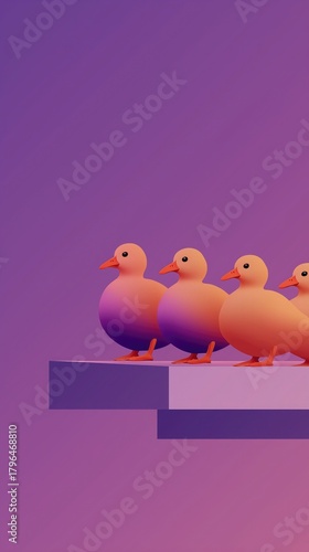 Minimalist Purple-Orange Gradient Ducks in a Row on Simple Shelf Background, Playful Decorative Design for Wallpaper, Poster, Banner and Creative Graphic Projects