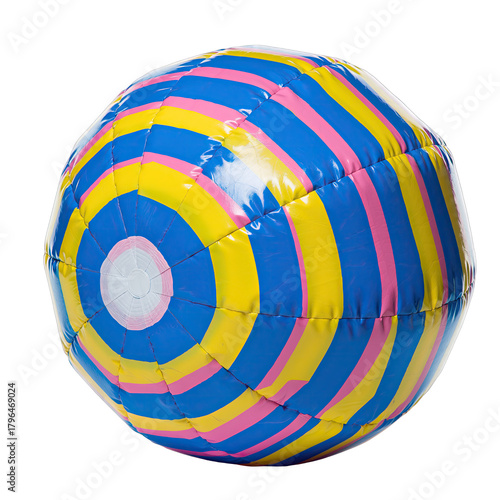 Colorful Inflatable Beach Ball with Blue Yellow Pink Stripes and White Center Isolated on Black Background Studio Lighting Reflective Surface