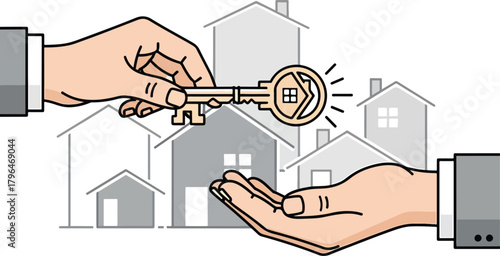 Handing over the key to a new home, symbolizing property ownership and real estate transactions