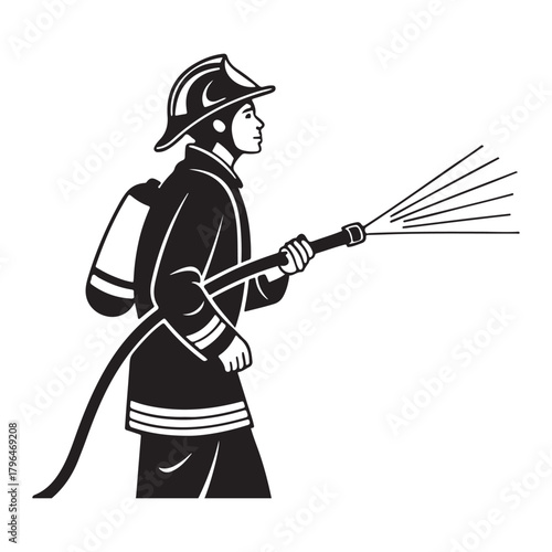 Firefighter in helmet and gear spraying water from hose, emergency service Vector