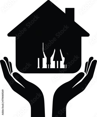 Family home safety and security illustration with protective hands