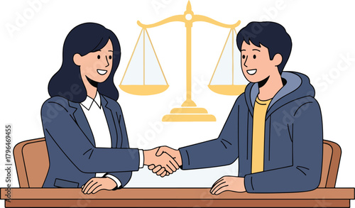 Justice and agreement symbolized by a handshake between two individuals with scales of justice in the background
