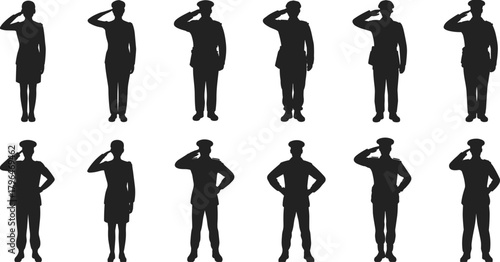 Military salute silhouettes, uniformed personnel icons, black vector set, formal gesture poses, discipline symbols, armed forces illustration pack