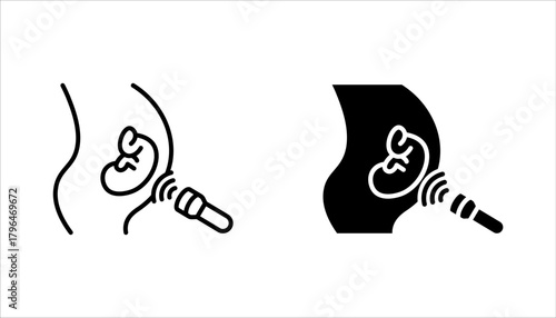 Ultrasound icon set. Woman pregnancy internal ultrasonography medical device. Ultrasonic transducer symbol. vector illustration on white background