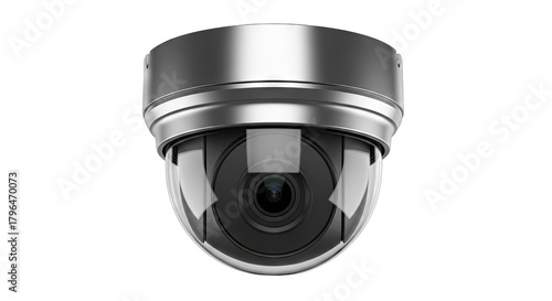 Close Up Studio Shot Of A Silver Dome Surveillance Security Camera With A Black Lens Against A Transparent Background