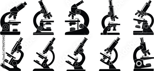 Microscope silhouette set, black vector icons, scientific equipment, lab tools, eyepiece and lens designs, biology, research, education graphics