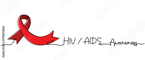 red ribbon sign with hiv aids awareness text One continuous line drawing for Poster, banner, background with lettering, Doodle outline art, hand drawn satin ribbon bow, Minimal Symbol with copy space 