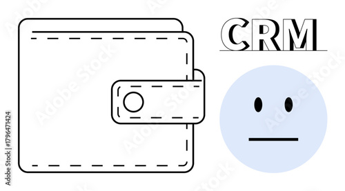 Open wallet icon next to neutral face and CRM text emphasizing customer management or user feedback. Ideal for finance, CRM systems, business, customer service, marketing, technology, simple flat