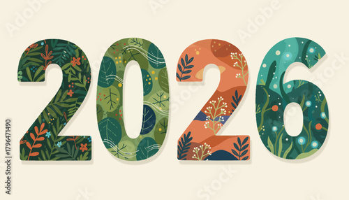 loral Botanical New Year 2026 Banner Lush Green Leaves and Abstract Nature Illustration Inside Numbers Perfect for Earth Day Events and Ecological Concepts