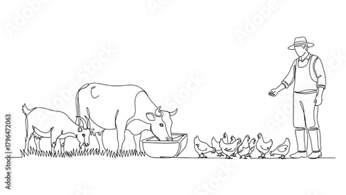 Artboard 1High-Quality Black Continuous Line Art of Farmer Feeding Cows, Goats, and Chickens, Daily Livestock Management, Farm Animal Care Illustration