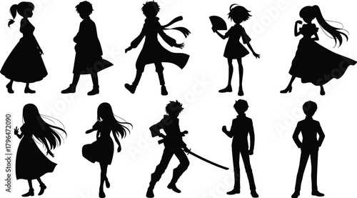 Anime character silhouettes, dynamic poses, sword and scarf accessories, fashion outlines, concept art figures, black vector set, stylish icons
