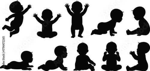 Baby silhouette poses, crawling infant, sitting child, reaching toddler, lying baby, developmental stages, black and white, playful, motion, posture