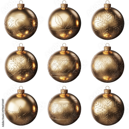 Collection of nine golden Christmas baubles with intricate etched patterns displayed in a 3x3 grid on a black background symbolizing holiday decoration and festive celebration