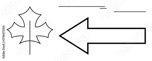 Maple leaf outline paired with bold left-facing arrow and minimalist lines. Ideal for direction, nature, navigation, guidance, simplicity, eco-friendly concepts, flat design metaphor