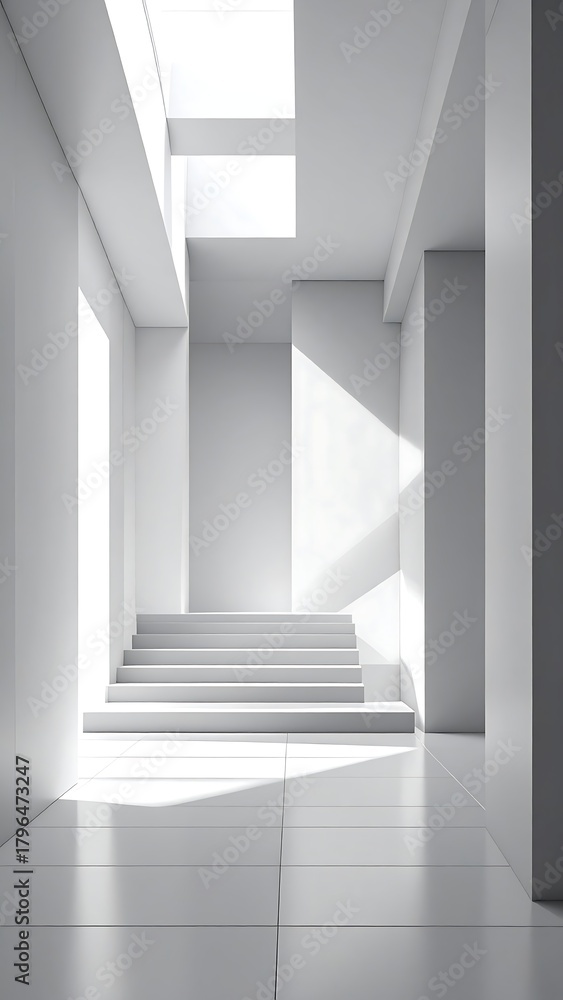 Fototapeta premium Modern, sunlit interior hallway with stairs. Pure white minimalist design