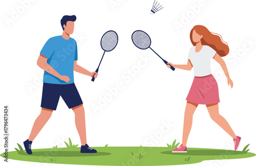 Outdoor badminton game, active lifestyle, summer sports, healthy activity, family fun, grassy field, recreational play, fitness, teamwork, leisure, vector illustration