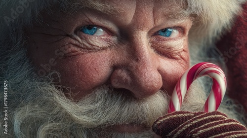 A close-up portrait of Santa Claus with kind blue eyes and rosy cheeks, winking with a gloved hand holding a candy cane, 8k, realistic, full ultra HD, high resolution, cinematic photography