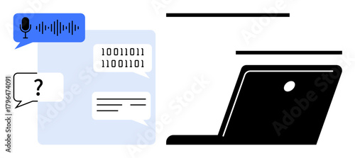 Speech bubble with sound waveform, binary code message, and text near laptop showcasing digital transcription. Ideal for AI, automation, machine learning, speech recognition, tech innovation, modern