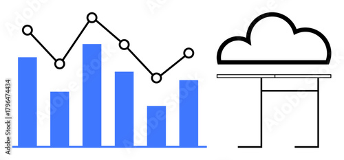 Bar chart with line graph for data trend analysis next to cloud icon on horizontal stand. Ideal for data visualization, analytics, cloud storage, technology, business growth, innovation, simple flat