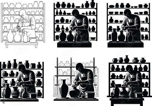 Potter crafting clay vase silhouette vector illustration, ceramic artist working in pottery studio, handmade craftsmanship, creative process, pottery workshop interior art design