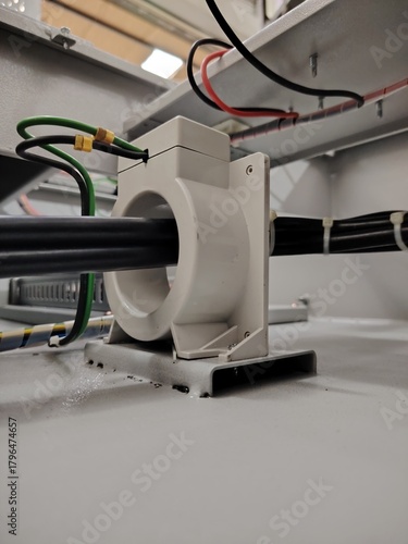Image of a toroidal current transformer mounted inside a electrical enclosure.