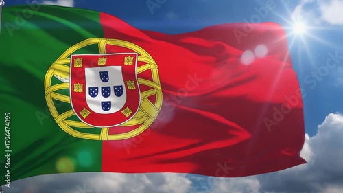 Portugal's vibrant flag waves proudly against a bright blue sky, embodying national pride and a sunny outlook for travel and cultural events