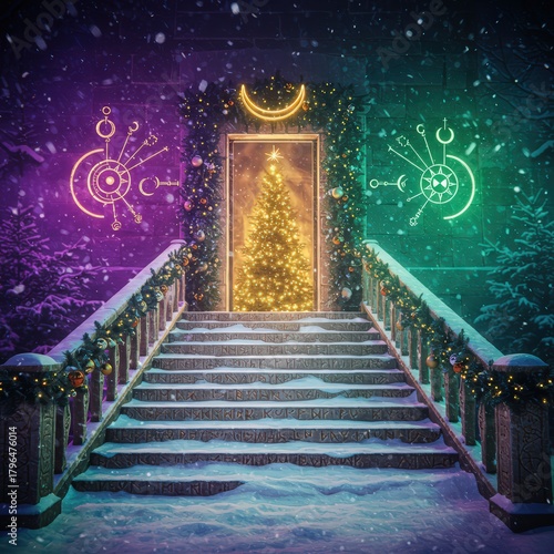 Illuminated christmas tree at the top of a snow covered staircase with magical symbols on the walls