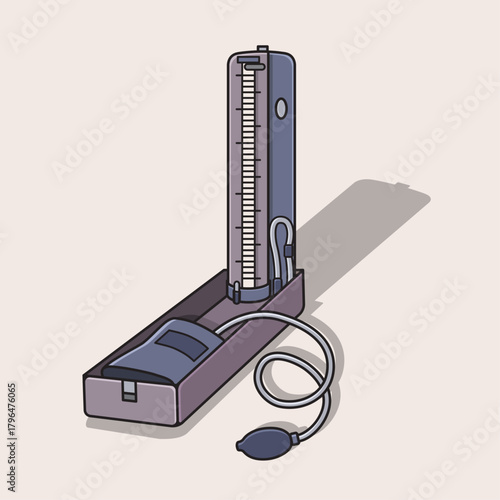 Classic mercury sphygmomanometer illustration featuring a cuff, pump, and tall measurement column for accurate blood pressure checks in clinical and home medical settings