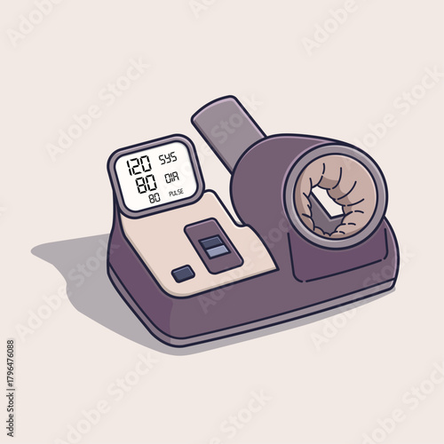 Automatic arm in sphygmomanometer illustration showing digital blood pressure readings with cushioned cuff chamber for easy and accurate medical health monitoring