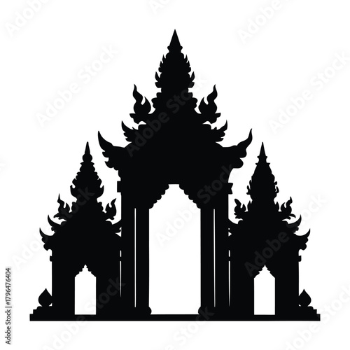 Thai Temple Gate Silhouette with Guardian Statues 